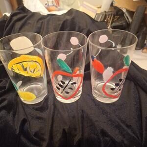 Set Of 3 Kate Spade Lenox Hi-ball Apple Cherry And Lemon Fruit Glasses